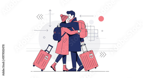 Couple Embracing With Luggage, Travel Love, Romantic Reunion Illustration