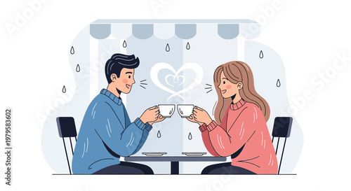 Couple enjoy coffee date with heart symbol illustration, romantic mood