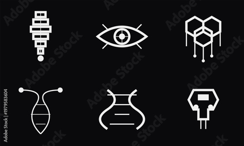 Hand-drawn set of white minimalist biomechanical and organic mecha abstract futuristic science fiction icon illustration