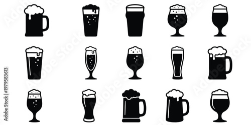 Minimalist beer glass icons set, black silhouette craft beer mugs and pint glasses with foam, 15 brewery beverage vector elements for bar menus