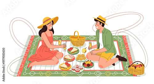 Couple enjoying a romantic picnic date, illustration, summer outdoor leisure