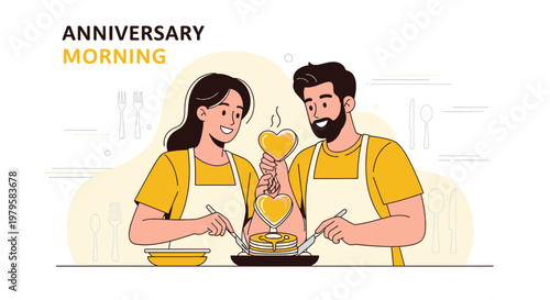 Couple Enjoying Anniversary Morning Breakfast with Heart Pancakes