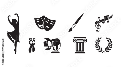 Performing arts and creative symbols with drama masks and musical notes