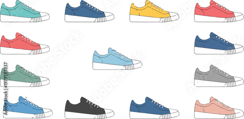 Minimalist sneaker collection illustration featuring fifteen low top shoes arranged in grid with colorful flat design variation