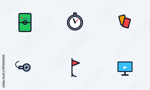 Hand-drawn soccer refereeing and coaching icons including tactics, timer, cards, whistle, flag, and video review tools set authentic illustration