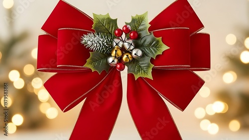 Elegant holiday bow adorned with festive greenery and decorative ornaments