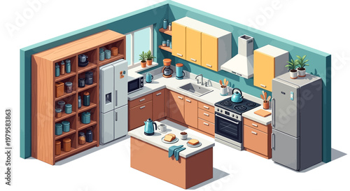 Isometric illustration of a modern kitchen interior with appliances and furniture