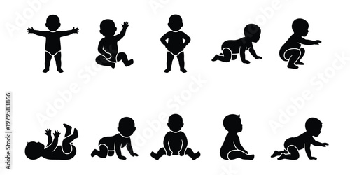 Baby silhouette collection with 10 infant icons, black toddler silhouettes in various poses, newborn development stages vector set for parenting design