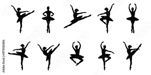Graceful ballerina silhouettes set, 10 ballet dancer vector elements in various poses, black female dancer figures for performance posters