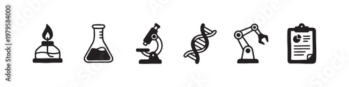 A set of solid black icons representing scientific research, laboratory experiments, and biotechnology innovations.