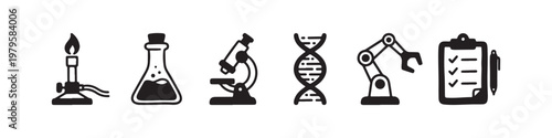 A set of solid black icons representing scientific research, laboratory experiments, and biotechnology innovations.