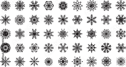Collection of various unique snowflakes on white background
