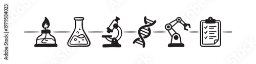 A set of solid black icons representing scientific research, laboratory experiments, and biotechnology innovations.