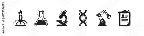 A set of solid black icons representing scientific research, laboratory experiments, and biotechnology innovations.