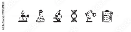 A set of solid black icons representing scientific research, laboratory experiments, and biotechnology innovations.