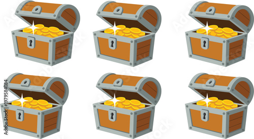 Open wooden treasure chest full of shining gold coins isolated on white background vector illustration set for gaming and finance.