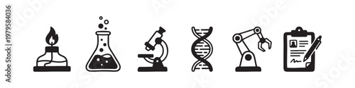 A set of solid black icons representing scientific research, laboratory experiments, and biotechnology innovations.