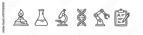 A set of solid black icons representing scientific research, laboratory experiments, and biotechnology innovations.