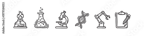 A set of solid black icons representing scientific research, laboratory experiments, and biotechnology innovations.