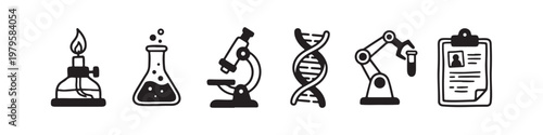 A set of solid black icons representing scientific research, laboratory experiments, and biotechnology innovations.