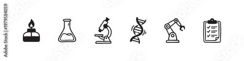 A set of solid black icons representing scientific research, laboratory experiments, and biotechnology innovations.