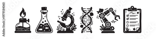 A set of solid black icons representing scientific research, laboratory experiments, and biotechnology innovations.