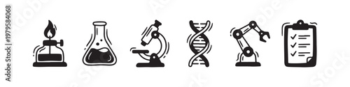 A set of solid black icons representing scientific research, laboratory experiments, and biotechnology innovations.