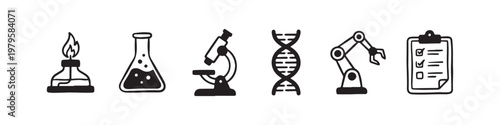 A set of solid black icons representing scientific research, laboratory experiments, and biotechnology innovations.