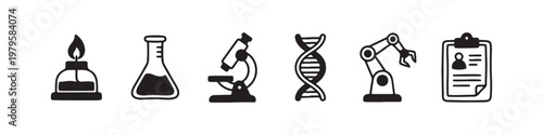 A set of solid black icons representing scientific research, laboratory experiments, and biotechnology innovations.