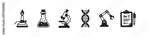 A set of solid black icons representing scientific research, laboratory experiments, and biotechnology innovations.