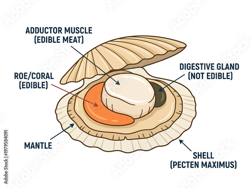 Photos Anatomy of a Scallop Edible Meat, Digestive Gland, Roe/Coral, Mantle, and Shell