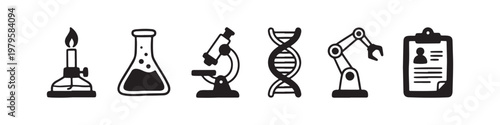 A set of solid black icons representing scientific research, laboratory experiments, and biotechnology innovations.