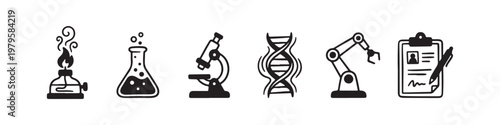 A set of solid black icons representing scientific research, laboratory experiments, and biotechnology innovations.