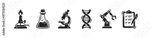 A set of solid black icons representing scientific research, laboratory experiments, and biotechnology innovations.