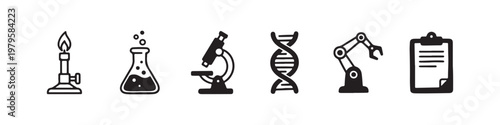 A set of solid black icons representing scientific research, laboratory experiments, and biotechnology innovations.