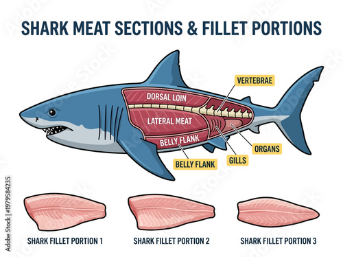 An illustrated guide detailing the various meat sections and fillet portions of a shark