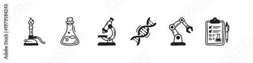 A set of solid black icons representing scientific research, laboratory experiments, and biotechnology innovations.