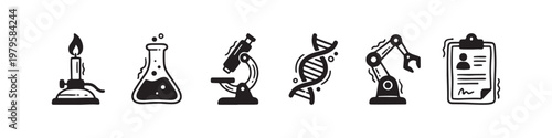A set of solid black icons representing scientific research, laboratory experiments, and biotechnology innovations.