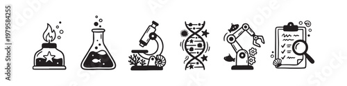 A set of solid black icons representing scientific research, laboratory experiments, and biotechnology innovations.