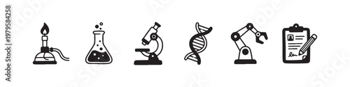 A set of solid black icons representing scientific research, laboratory experiments, and biotechnology innovations.
