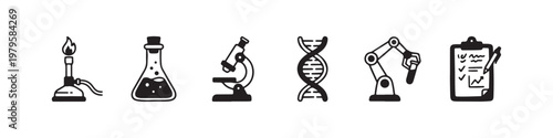 A set of solid black icons representing scientific research, laboratory experiments, and biotechnology innovations.