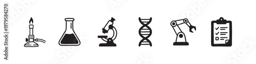 A set of solid black icons representing scientific research, laboratory experiments, and biotechnology innovations.