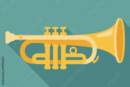Golden trumpet with three valves on teal background, minimalist flat vector illustration.