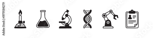 A set of solid black icons representing scientific research, laboratory experiments, and biotechnology innovations.
