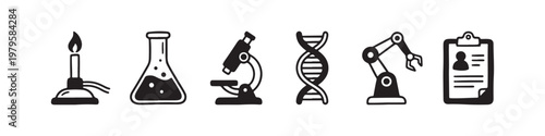 A set of solid black icons representing scientific research, laboratory experiments, and biotechnology innovations.