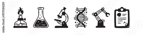 A set of solid black icons representing scientific research, laboratory experiments, and biotechnology innovations.