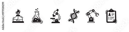 A set of solid black icons representing scientific research, laboratory experiments, and biotechnology innovations.
