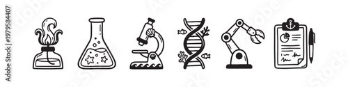 A set of solid black icons representing scientific research, laboratory experiments, and biotechnology innovations.