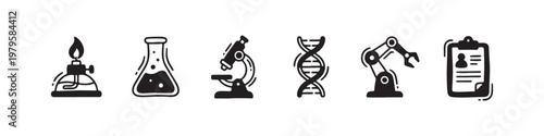 A set of solid black icons representing scientific research, laboratory experiments, and biotechnology innovations.