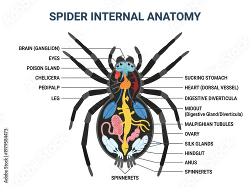 Diagram illustrating the internal anatomy of a spider, including its organs and body systems